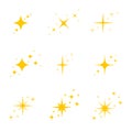 Gold, yellow stars twinkles and sparkles icons. Bright flash, dazzle light, shining glow effects set. Vector