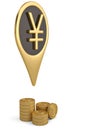 Gold Yen pin icon and coin stacks on white backgroun.3D illustration. Royalty Free Stock Photo