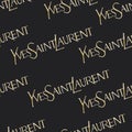 Gold Yves Saint Laurent logo isolated on black background. Hand work watercolor drawing. Seamless pattern for design