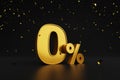 Gold zero percent or 0% special offer and paper shoot confetti on black background
