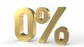 Gold zero percent on white background 3d rendering