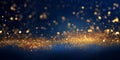 Golden abstract bokeh on dark blue background. AI generated.