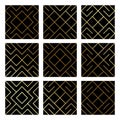 Golden abstract geometric pattern backgrounds set with gold glitter texture. Vector seamless pattern or rhombus and metal line nod