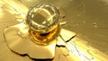 Golden abstraction with a transparent ball. Close-up of a golden drop of liquid gold on a golden texture. Royalty Free Stock Photo