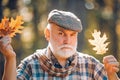 Golden age grandfather. Portrait of a senior autumn man outdoors. Portrait of handsome old man. Elderly old man on