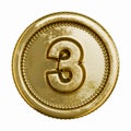 Golden aged coin Number 3 THREE 3D Royalty Free Stock Photo