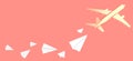 Golden aircraft and group of small white paper planes on coral background 3D illustration
