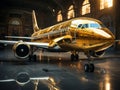 Golden airplane in the angar. Concept of passenger airline companies, travel, plane transportation, freedom of travelling