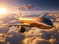 Golden airplane flies in blue sky with dramatic clouds. Concept of passenger airline companies, travel, plane transportation,