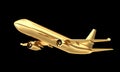 Golden airplane isolated on black background. 3d rendering.