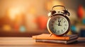 Golden alarm clock on stack of books on a blurred orange autumn background, space for text, back to school concept, promo banner Royalty Free Stock Photo