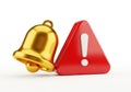 Golden alert bell and red warning sign with exclamation mark on white background Royalty Free Stock Photo