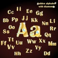 Golden alphabet with diamonds, uppercase and lowercase letters. Royalty Free Stock Photo