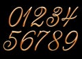 Golden alphabet, numbers 0 1 2 3 4 5 6 7 8 9, metallic embossed letters, 3d illustration