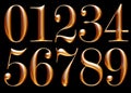 Golden alphabet, numbers 0 1 2 3 4 5 6 7 8 9, metallic embossed letters, 3d illustration