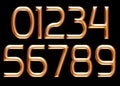 Golden alphabet, numbers 0 1 2 3 4 5 6 7 8 9, metallic embossed letters, 3d illustration Royalty Free Stock Photo