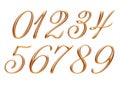 Golden alphabet, numbers 0 1 2 3 4 5 6 7 8 9, metallic embossed letters, 3d illustration