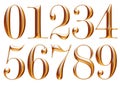 Golden alphabet, numbers 0 1 2 3 4 5 6 7 8 9, metallic embossed letters, 3d illustration