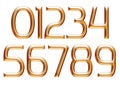 Golden alphabet, numbers 0 1 2 3 4 5 6 7 8 9, metallic embossed letters, 3d illustration