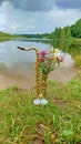 Golden alto saxophone on a background of nature. Original saxophone with a bouquet of summer summer flowers. Art. Cover for jazz. Royalty Free Stock Photo