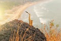 The golden alto saxophone stands on the background of the beach Royalty Free Stock Photo