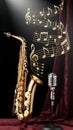 Golden Alto Saxophone and Vintage Microphone With Floating Musical Notes Royalty Free Stock Photo