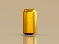 Golden aluminum can with drops of water. Packaging, drink, alcohol, gold, product showcase