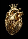 Golden anatomical human heart. Anatomy and medicine, health care concept. Internal organ made of gold isolated over black