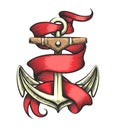 Golden Anchor with Red Ribbon Tattoo Royalty Free Stock Photo