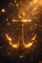 A golden anchor in the water in a golden light