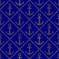 Golden anchors seamless pattern on blue background