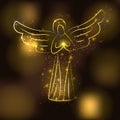 Golden angel silhouette on brown glowing gold background. Angel with shining sun or star in his hands Royalty Free Stock Photo