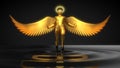 Golden angelic character rising from black liquid. 3d illustration