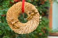 Golden angels on a straw wreath for Valentin& x27;s day. Royalty Free Stock Photo