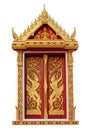 Golden angle sculpture on Thai temple window over white background