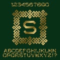 Golden angular letters and numbers with initial monogram in decorative square frame
