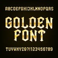 Golden Antique alphabet vector font. Metallic effect type letters symbols and numbers.