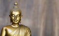 Golden antique buddha statue. The background is light slate gray. The face of the Buddha turned to the straight