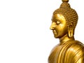 Golden antique buddha statue on the white background isolated background. The face of the Buddha turned to the left Royalty Free Stock Photo