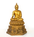 Golden antique buddha statue on the white background isolated background. The face of the Buddha turned to the straight Royalty Free Stock Photo