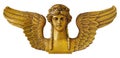 Golden antique winged goddess isolated on white background. Design element with clipping path