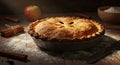 Golden apple pie with cinnamon sticks and flour dust on rustic wood table Royalty Free Stock Photo