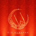 Golden Arabic Calligraphy of Eid Ul Fitr in Crescent Moon on Glossy Red Islamic Pattern Background. Muslim Festival of Eid Mubarak