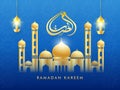 Golden Arabic Calligraphy of Ramadan with Exquisite Mosque and Illuminated Lanterns Hang on Blue Flower Pattern