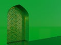 Golden arabic ornament on the green wall with islamic door. 3D illustration Royalty Free Stock Photo