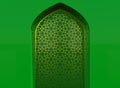 Golden arabic ornament on the green wall with islamic door. 3D illustration Royalty Free Stock Photo