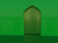 Golden arabic ornament on the green wall with islamic door. 3D illustration Royalty Free Stock Photo