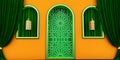 Golden arabic ornament on the yellow wall with islamic door. islamic vip concept, ramadan, eid mubarak. Royalty Free Stock Photo