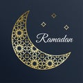 Golden Arabic ornamental moon with stars. Ramadan card.