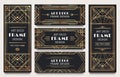 Golden art deco banner frames. Geometric gold lines frame, luxury decorative corners and premium label vector set